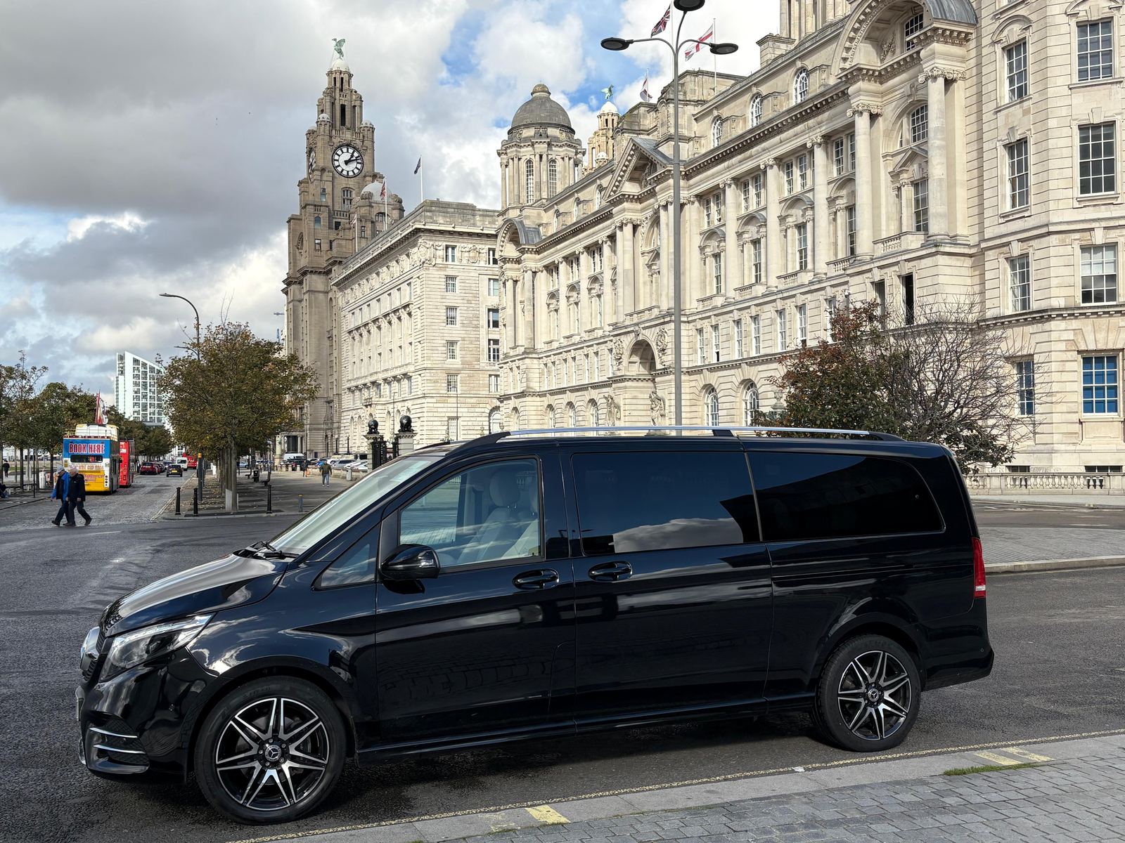 AO Platinum Chauffeurs Mercedes-Benz V-Class at the Royal Liver Building, Liverpool waterfront